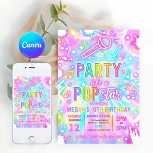Neon Invitation, Pop Star Birthday Party Invitation Neon Glow Party Like A Popstar Birthday Party Neon Glow Singing Music Party