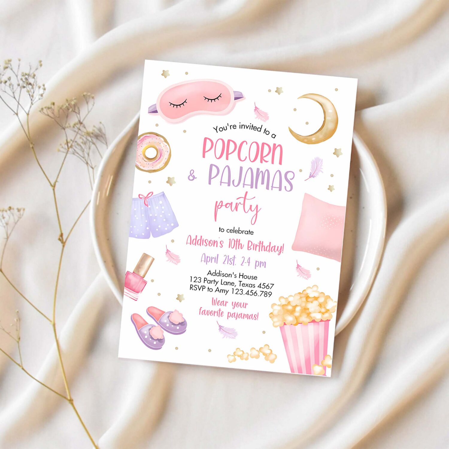Editable popcorn and pajamas birthday invitation movie night party girl pink teen tween slumber party digital corjl template printable 0447 1