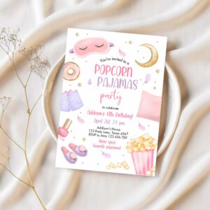 Editable popcorn and pajamas birthday invitation movie night party girl pink teen tween slumber party digital corjl template printable 0447 1
