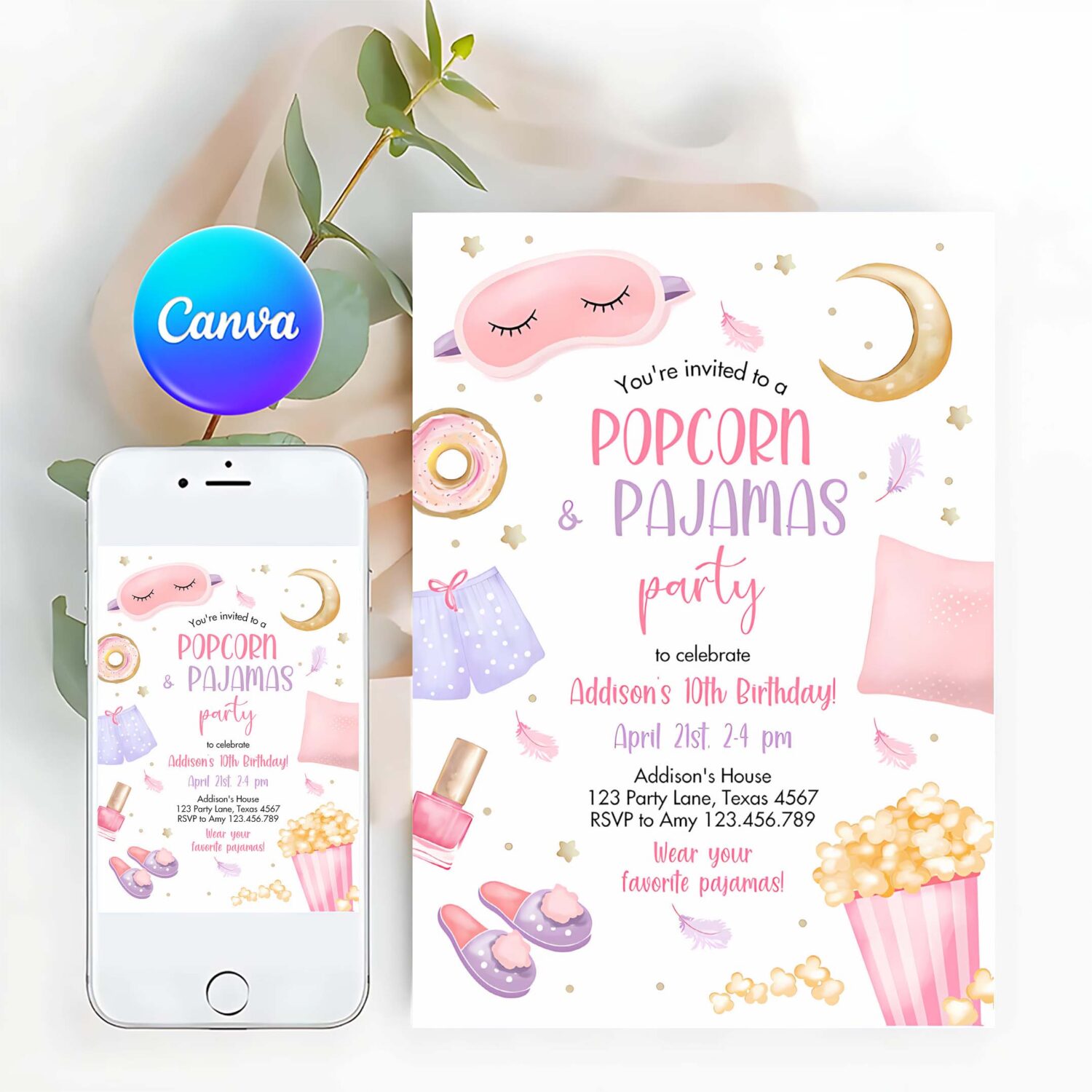 Editable popcorn and pajamas birthday invitation movie night party girl pink teen tween slumber party digital corjl template printable 0447