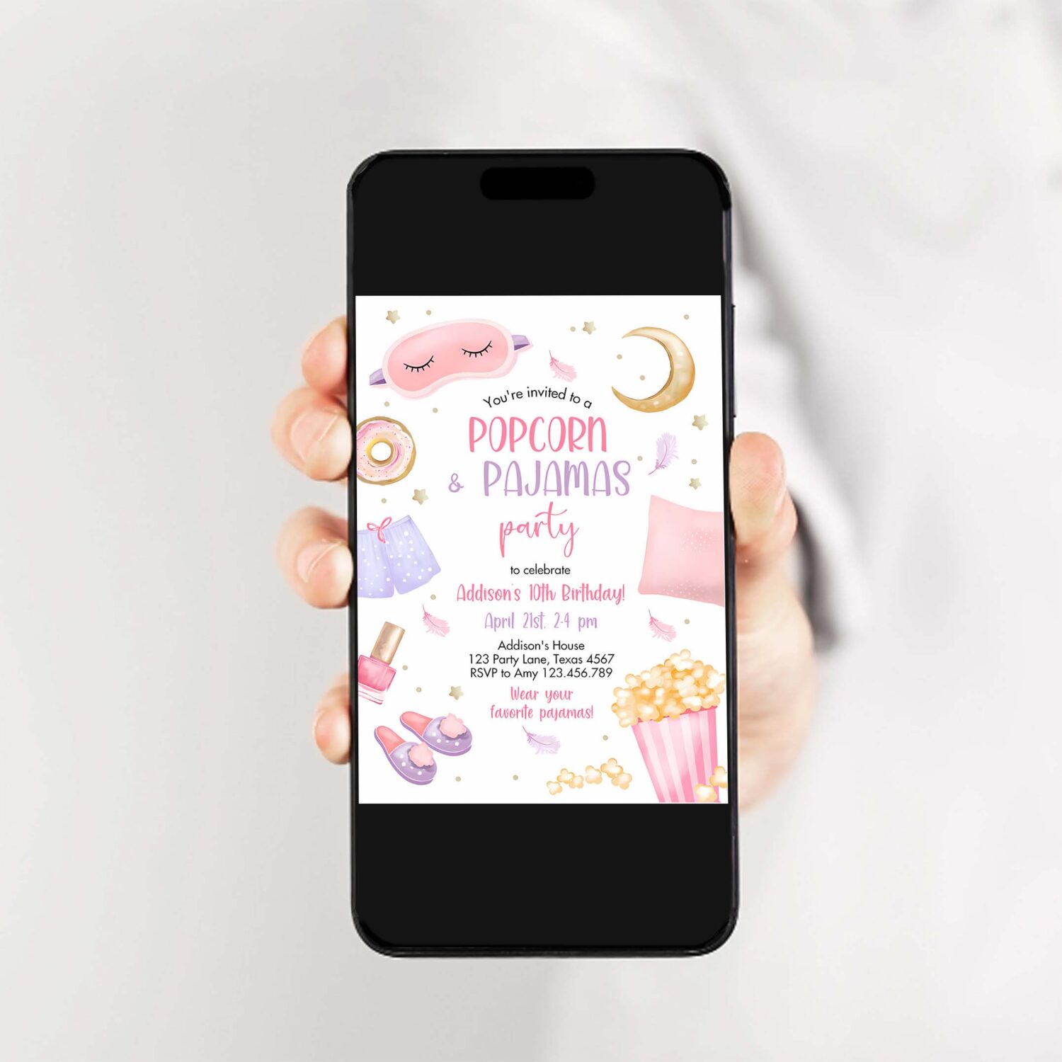 Editable popcorn and pajamas birthday invitation movie night party girl pink teen tween slumber party digital corjl template printable 0447 2