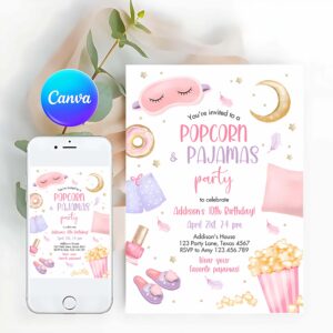 Pajama Party Invitation, Popcorn and Pajamas Birthday Invitation