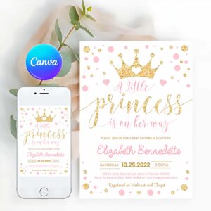 Princess Invitation, Princess Baby Shower Invitation, Pink and Gold Little Princess Invitation, Gold Invitation
