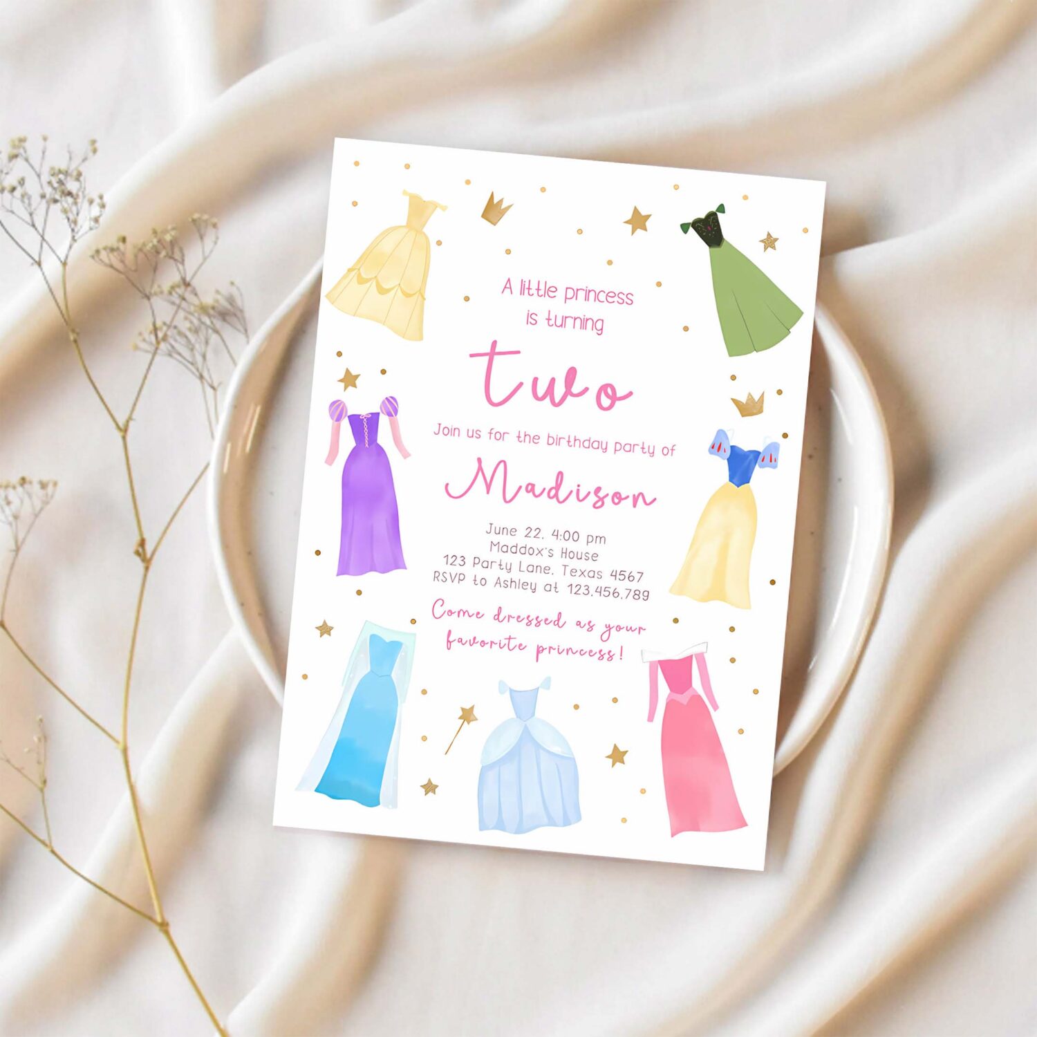 Editable princess birthday invitation once upon a time princess royal birthday girl pink magical celebration template corjl printable 0462 1