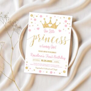 Editable princess birthday invitation pink and gold little princess invitations party first gold girl invite 1