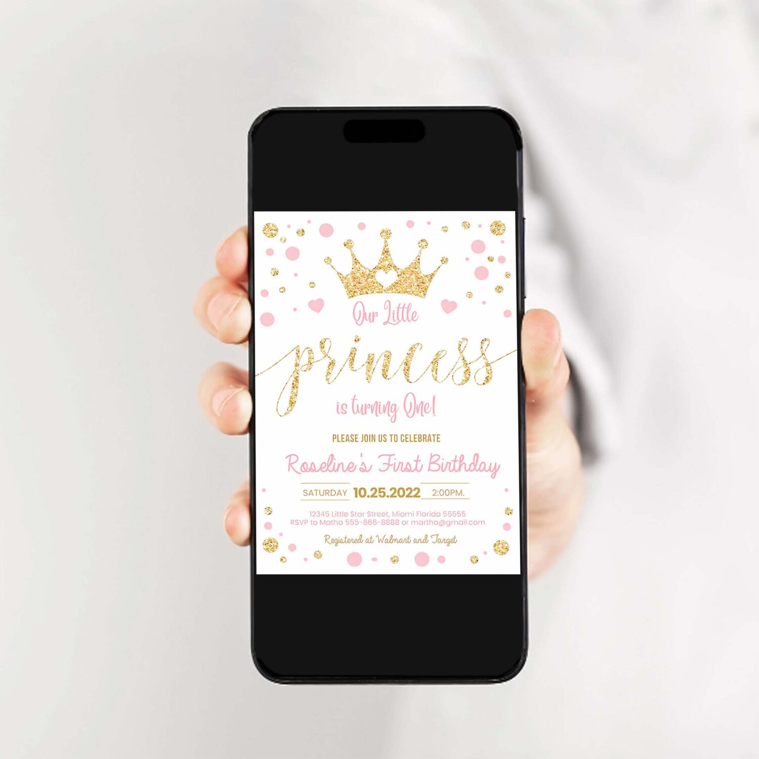 Editable princess birthday invitation pink and gold little princess invitations party first gold girl invite 2