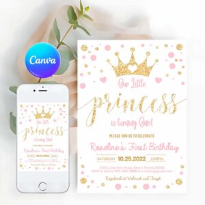 Princess Invitation, Princess Birthday Invitation, Pink and Gold Little Princess Invitation Party, First Birthday Invitation