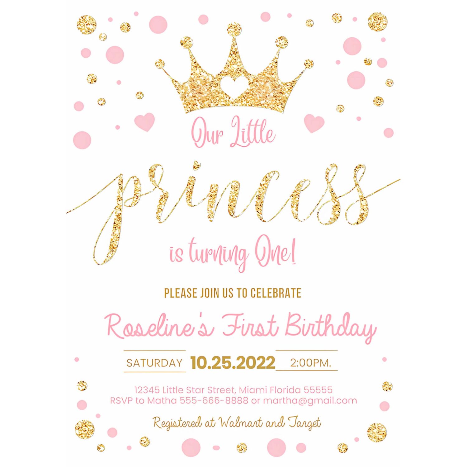 Editable princess birthday invitation pink and gold little princess invitations party first gold girl invite 4