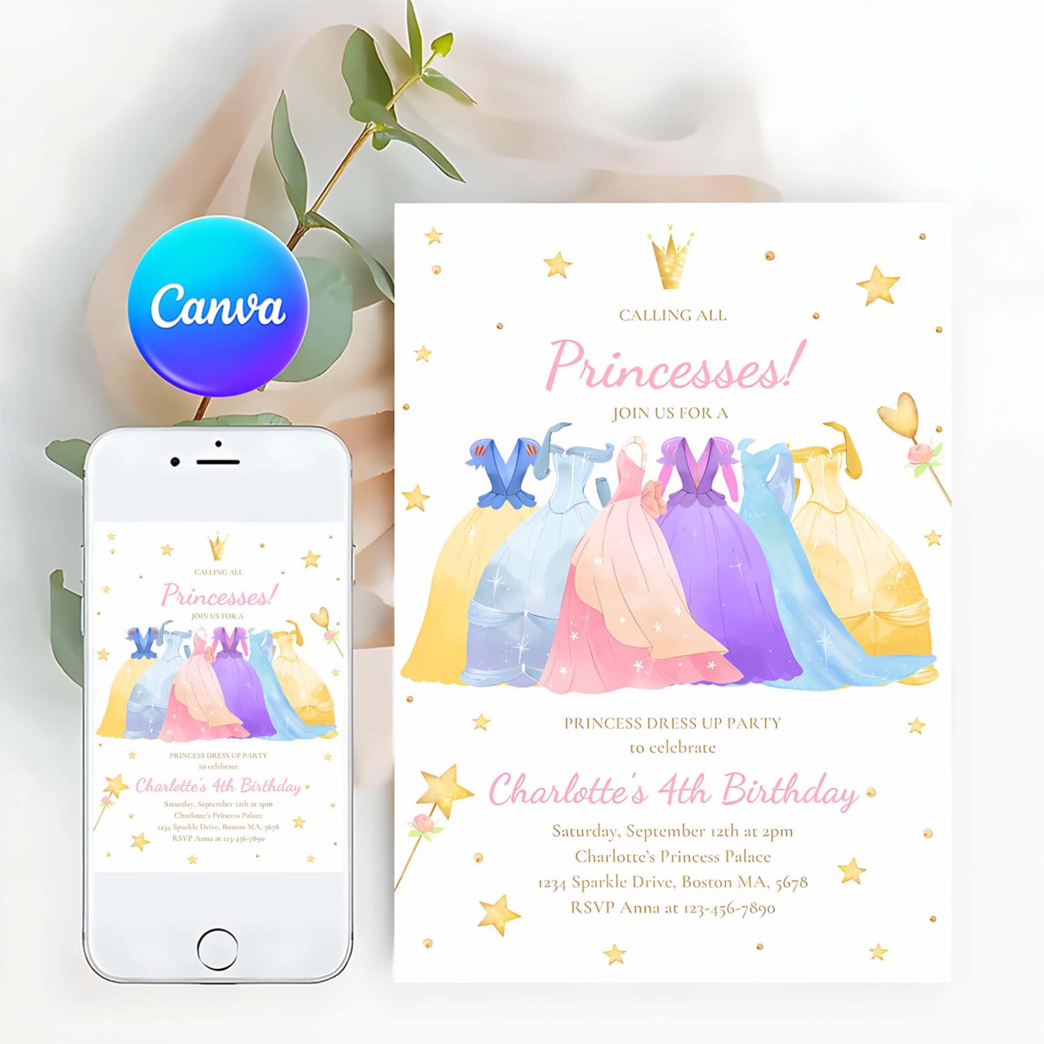 Editable princess birthday invitation princess dress up invitation magical whimsical royal princess party