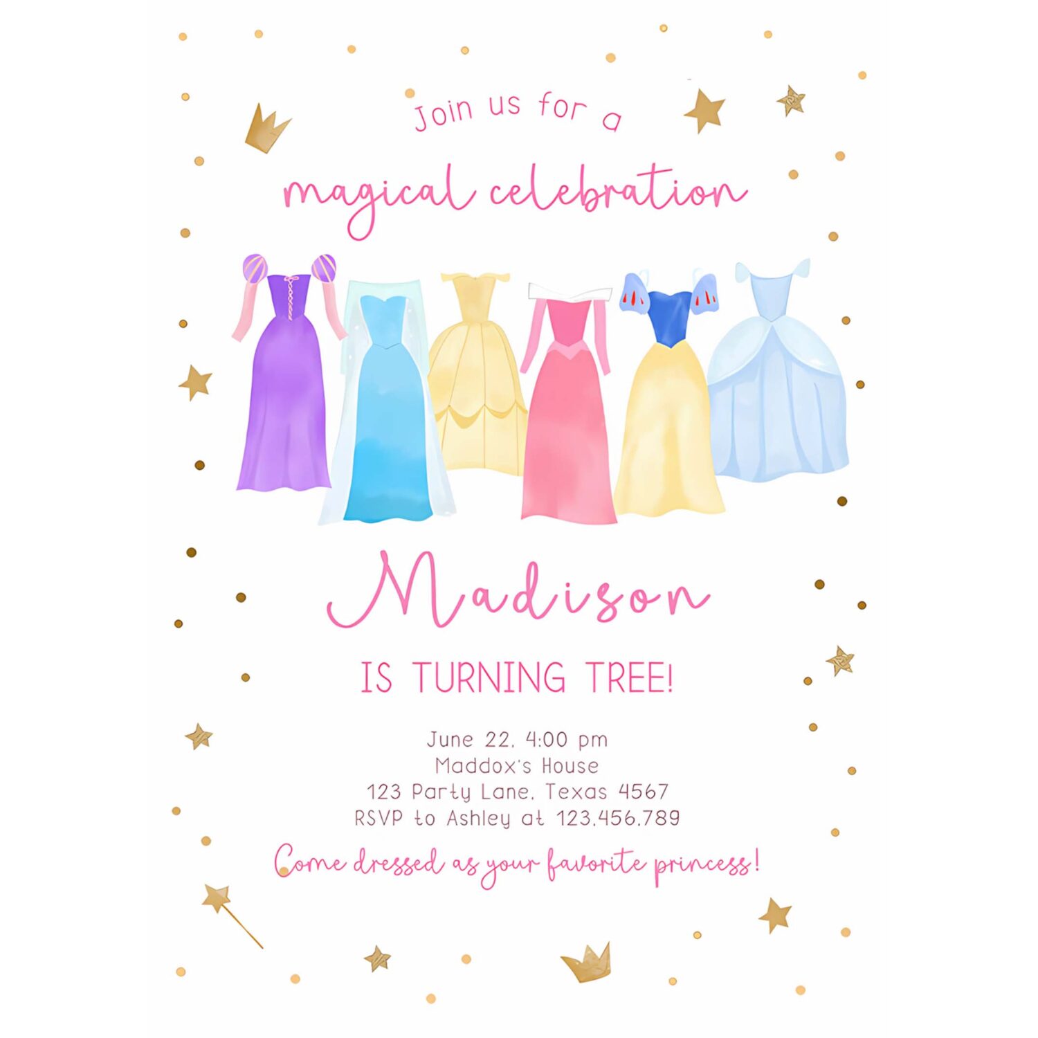 Editable princess birthday invitation princess dress up invite royal birthday girl pink princess dresses template corjl printable 0462 4