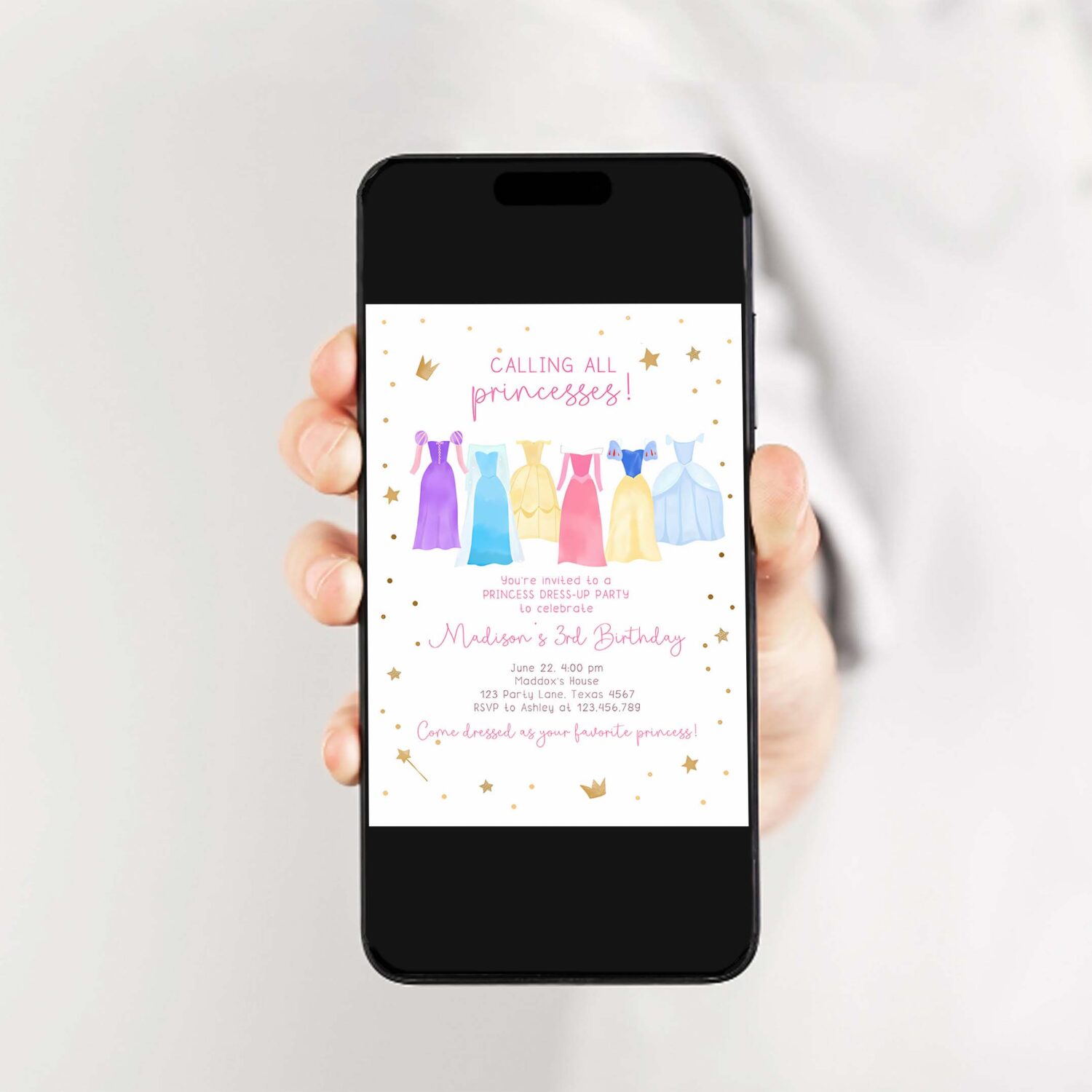 Editable princess birthday invitation princess dress up royal birthday girl pink princess dresses template corjl printable 0462 2