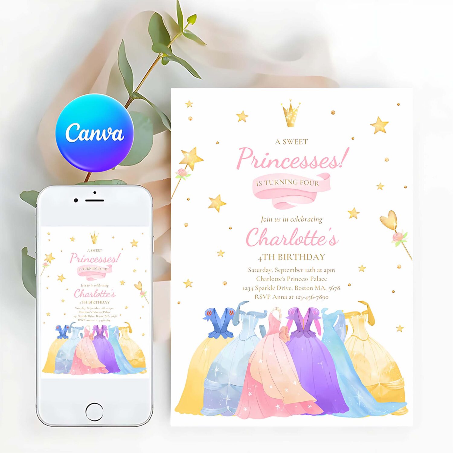 Editable princess birthday invite princess dress up invitation magical whimsical royal princess party