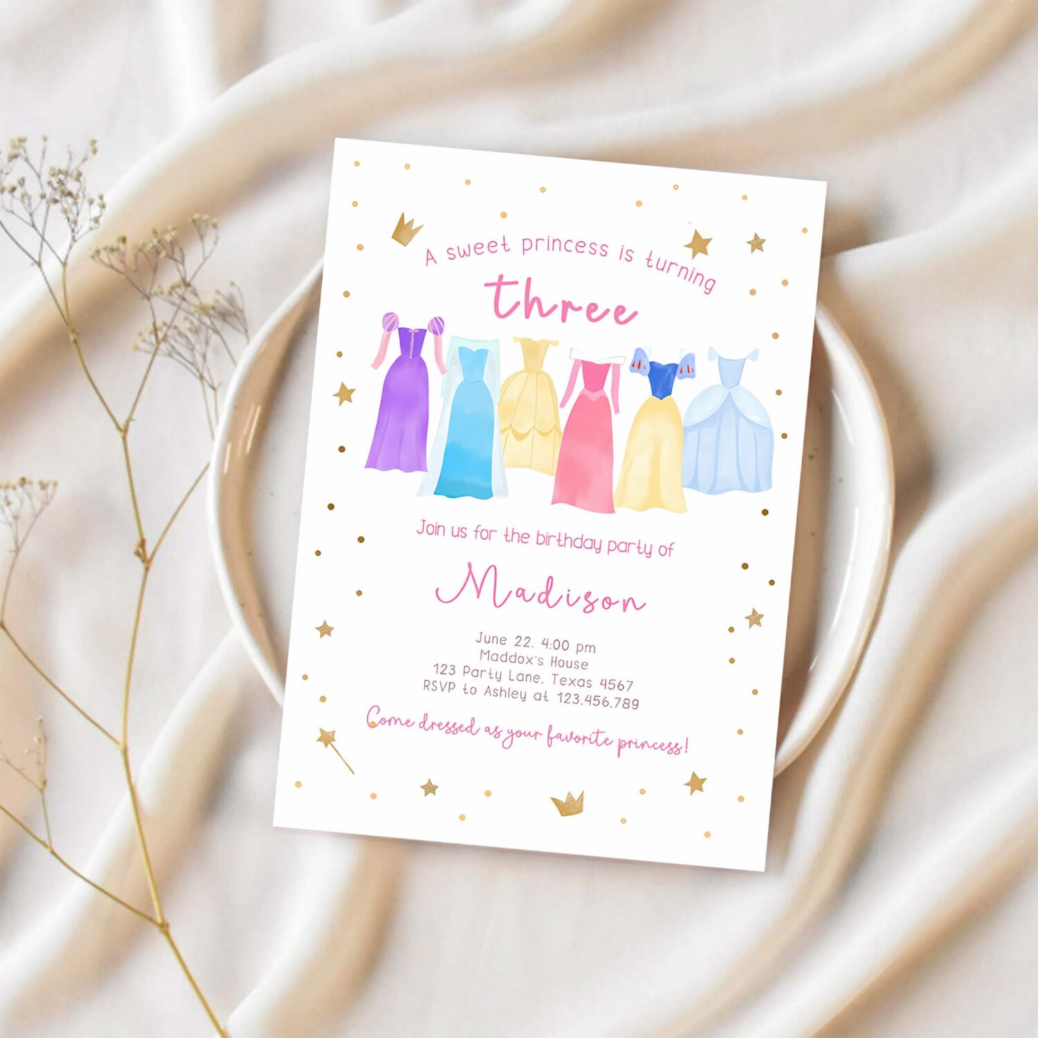 Editable princess birthday party invitation princess dress up invite royal birthday girl pink princess dresses template corjl printable 0462 1