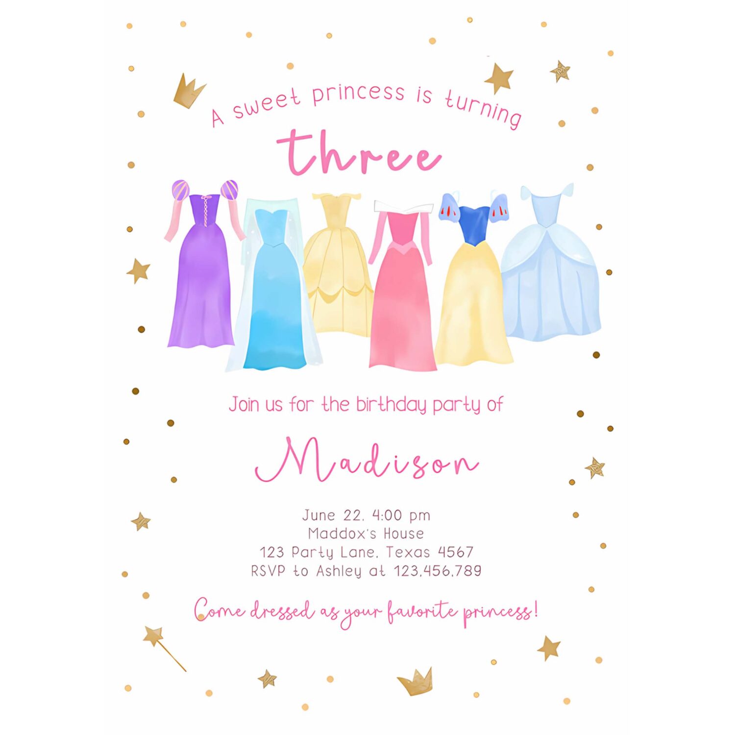 Editable princess birthday party invitation princess dress up invite royal birthday girl pink princess dresses template corjl printable 0462 4