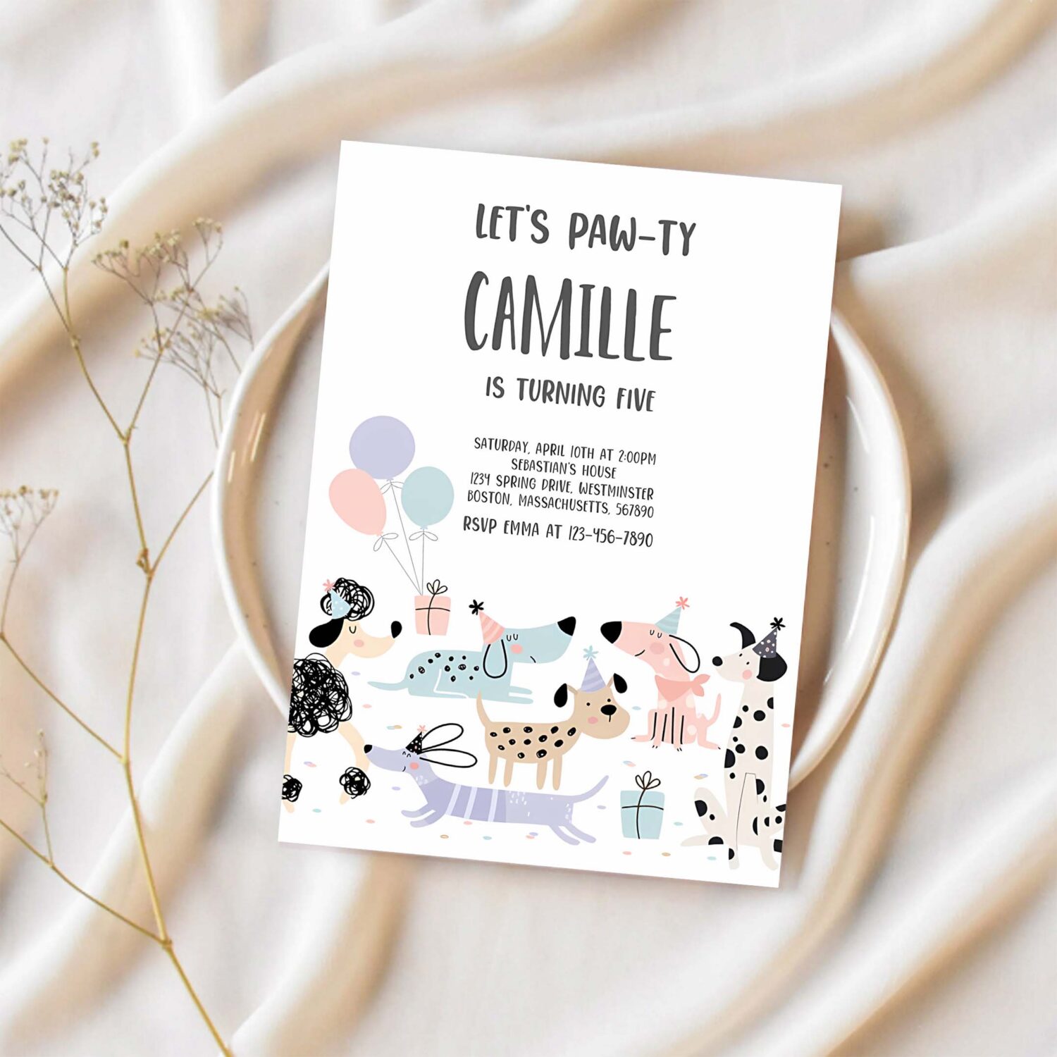Editable puppy party invitation dog birthday party girl pink puppy pet birthday party lets pawty doggy birthday party 1