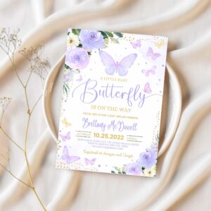 Editable purple butterfly baby shower invitation girl butterfly theme baby shower invite printable template 1