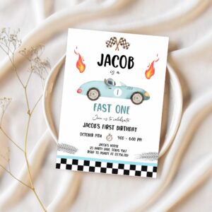 Editable race car 1st birthday invitation fast one invite first birthday racing party boy download printable template digital corjl 0424 1