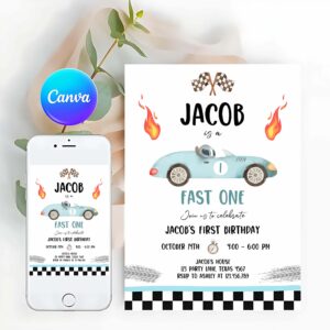 Racing Car Invitation, Race Car 1st Birthday, Birthday Invitation