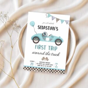 Editable race car 1st birthday invitation first trip around the track boy vintage red race car 1st birthday party 1