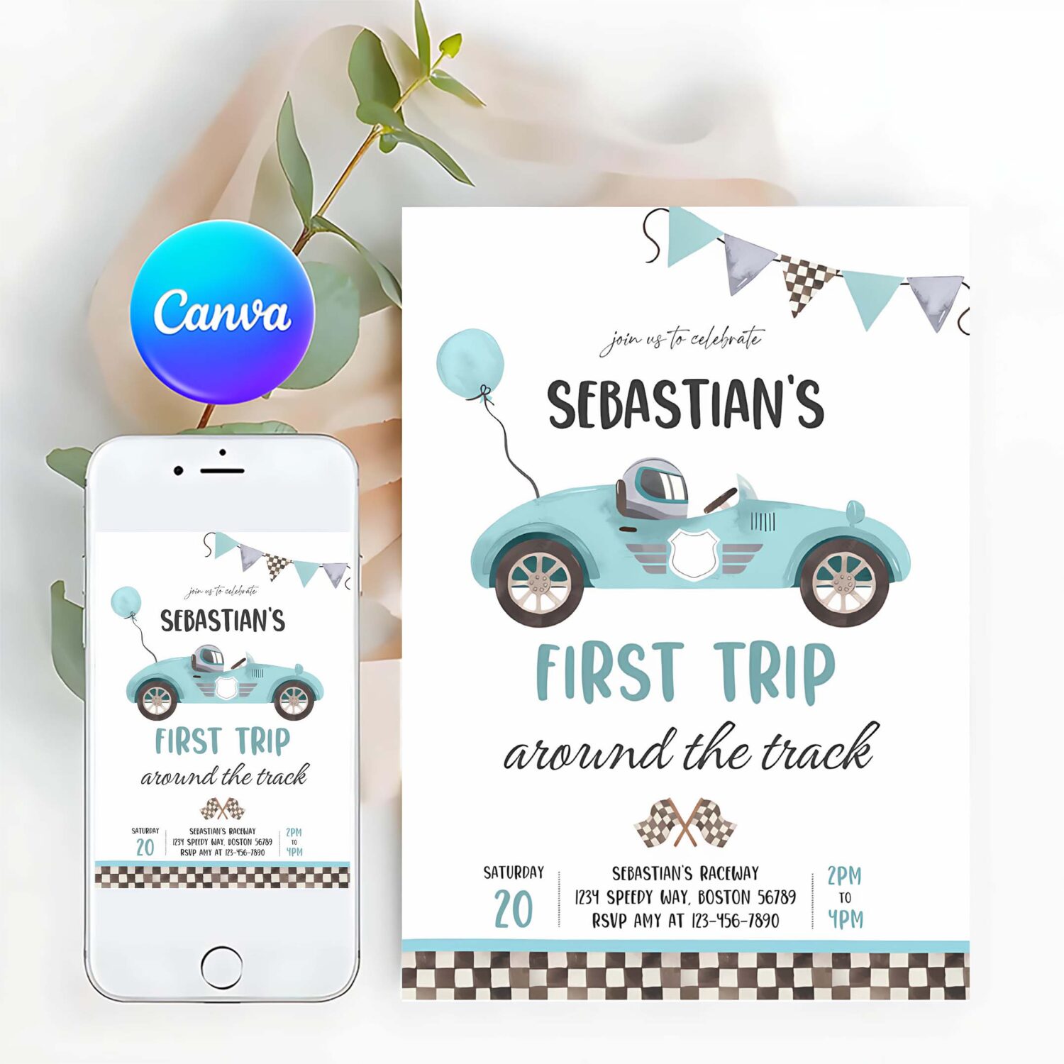 Editable race car 1st birthday invitation first trip around the track boy vintage red race car 1st birthday party