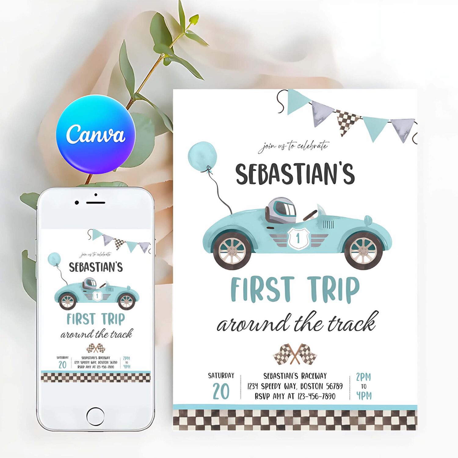Editable race car 1st birthday invitation first trip around the track boy vintage red race car 1st birthday party instant download e5