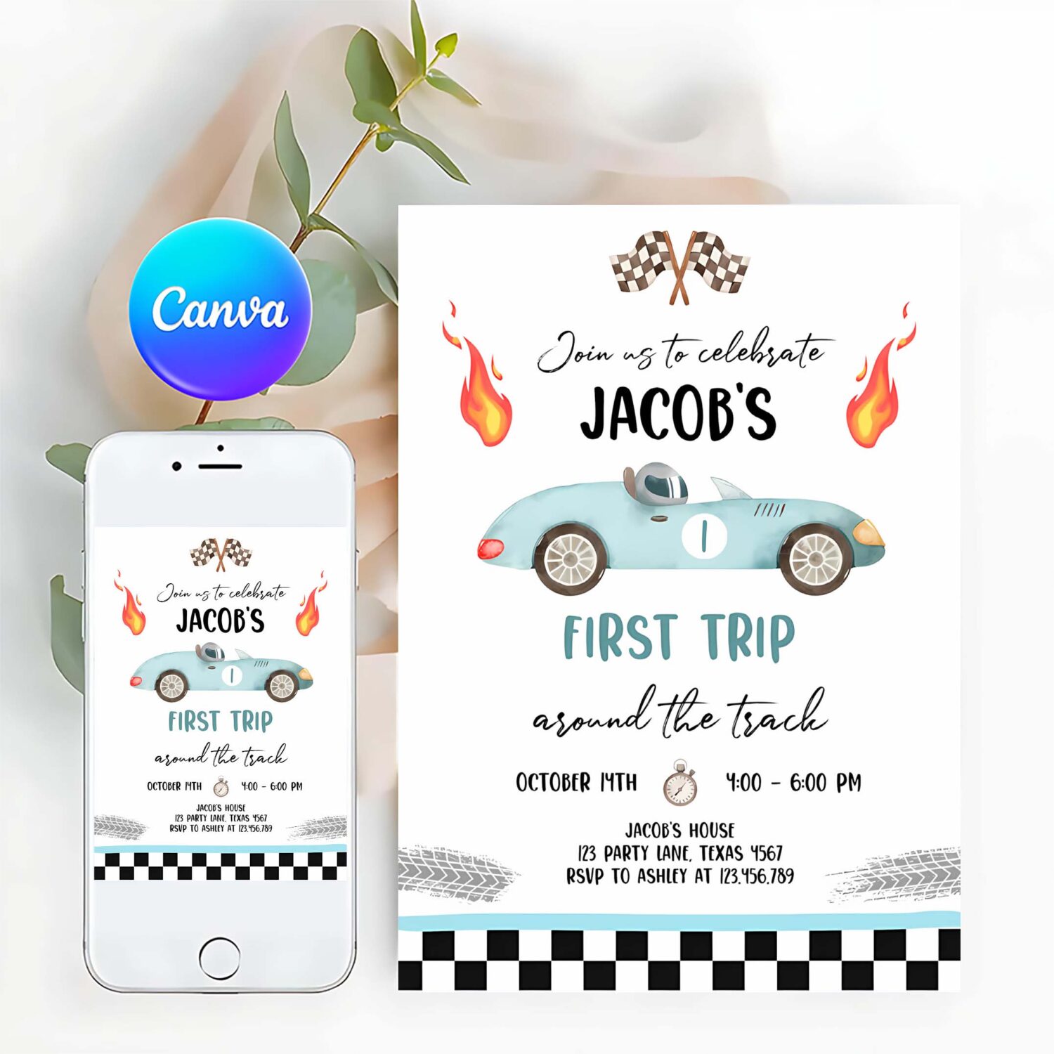 Editable race car 1st birthday invitation first trip around the track first birthday racing download printable template digital corjl 0424