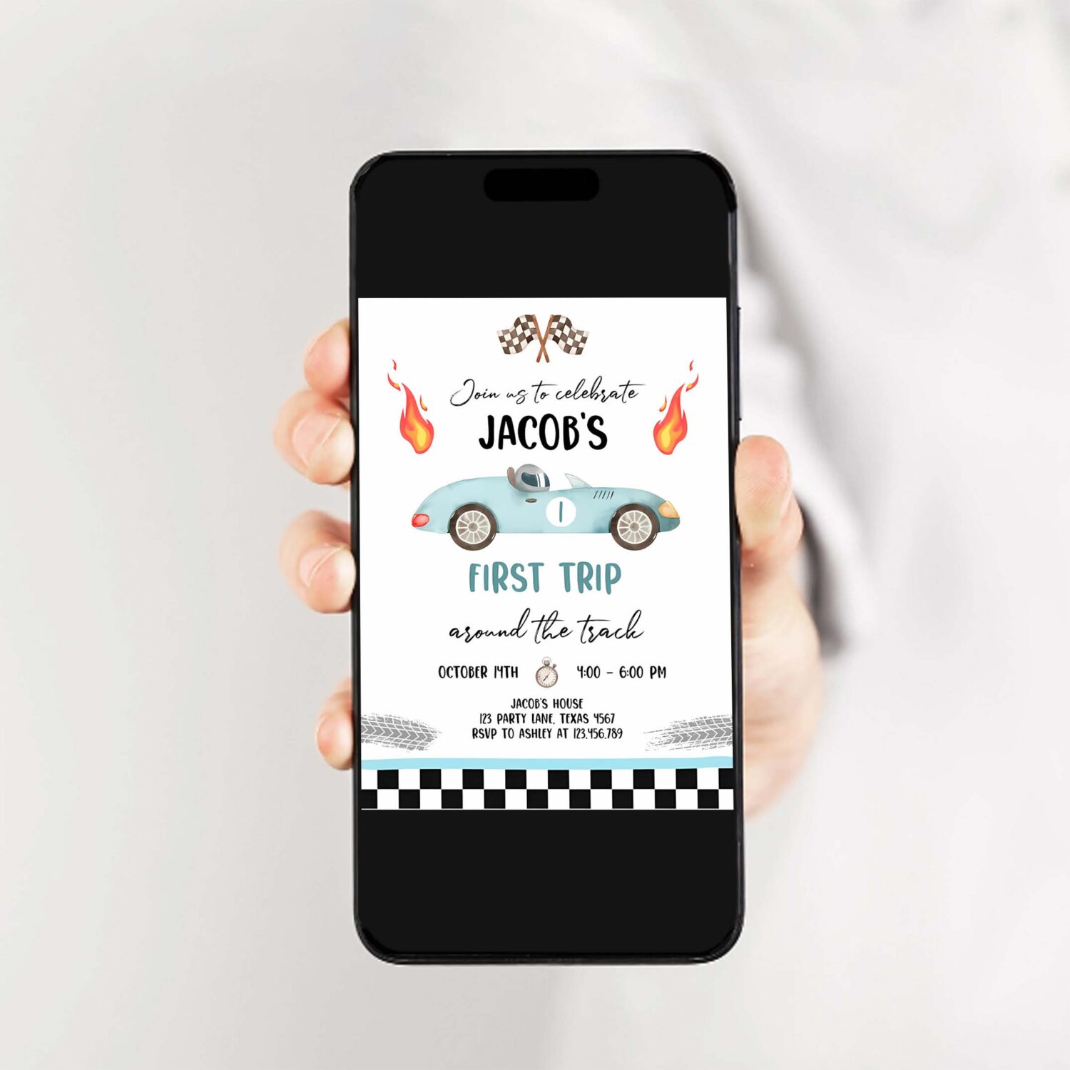 Editable race car 1st birthday invitation first trip around the track first birthday racing download printable template digital corjl 0424 2
