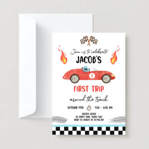 Editable race car 1st birthday invite party first trip around the track first birthday racing download printable template digital corjl 0424 2