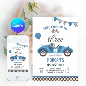 Racing Car Invitation, Race Car 3rd Birthday Invitation, Can't catch Me I'm Three Race Car 3rd Birthday Party Invitation