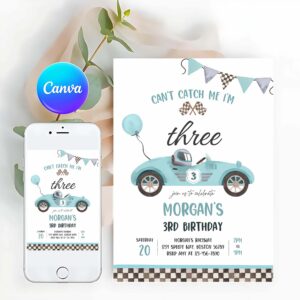 Racing Car Invitation, Race Car 3rd Birthday, Can't catch Me I'm Three Race Car 3rd Birthday Party Invitation