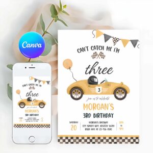 Racing Car Invitation, Race Car 3rd Birthday Invitation, Can't catch Me I'm Three Race Car 3rd Birthday Invitation