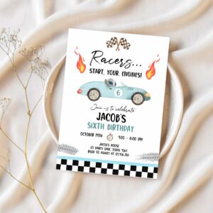 Editable racing birthday invitation racers start your engines race car party little racer download printable template digital corjl 0424 1