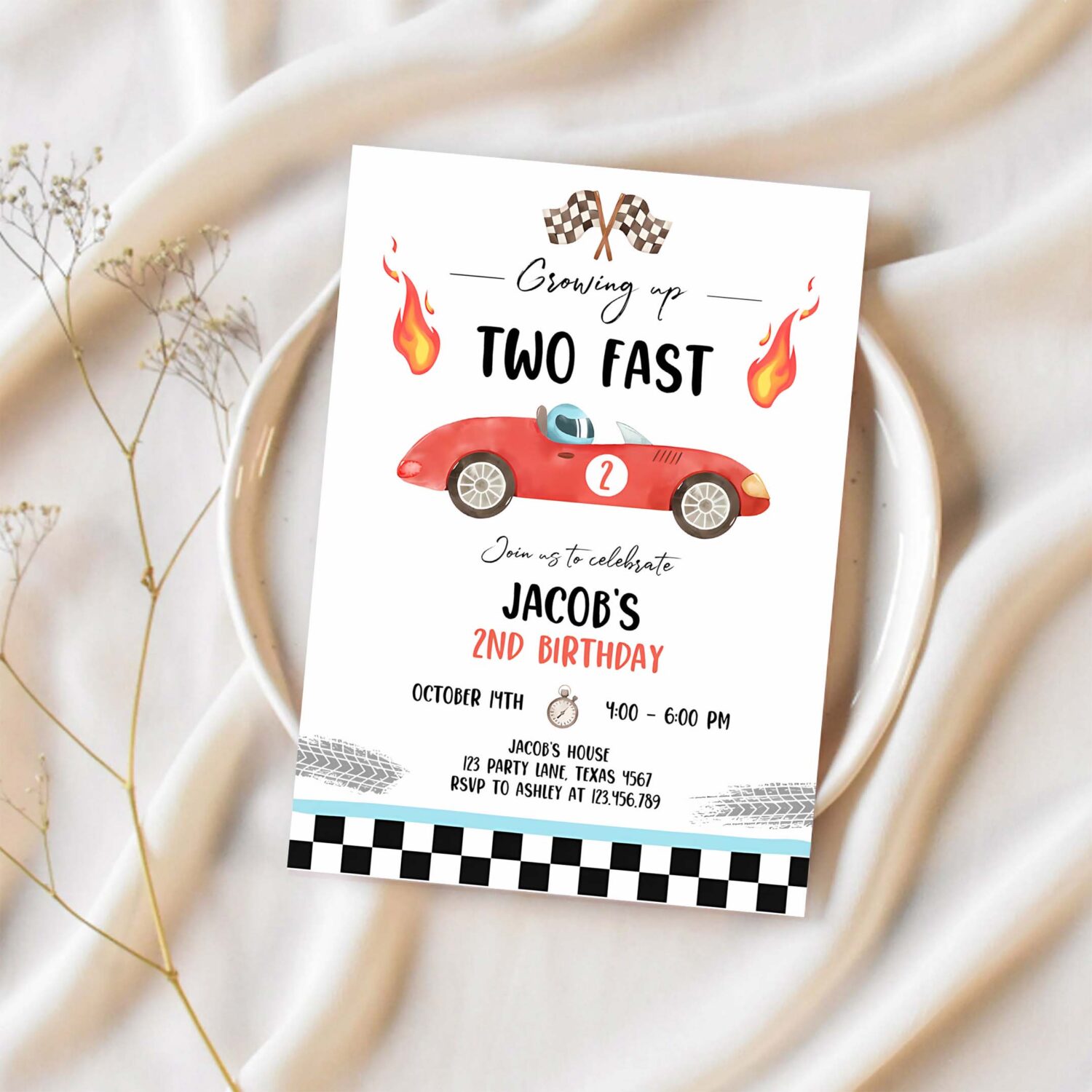 Editable racing car birthday invitation growing up two fast red invite second birthday 2nd boy download printable template digital corjl 0424 1
