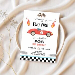 Editable racing car birthday invitation growing up two fast red invite second birthday 2nd boy download printable template digital corjl 0424 1