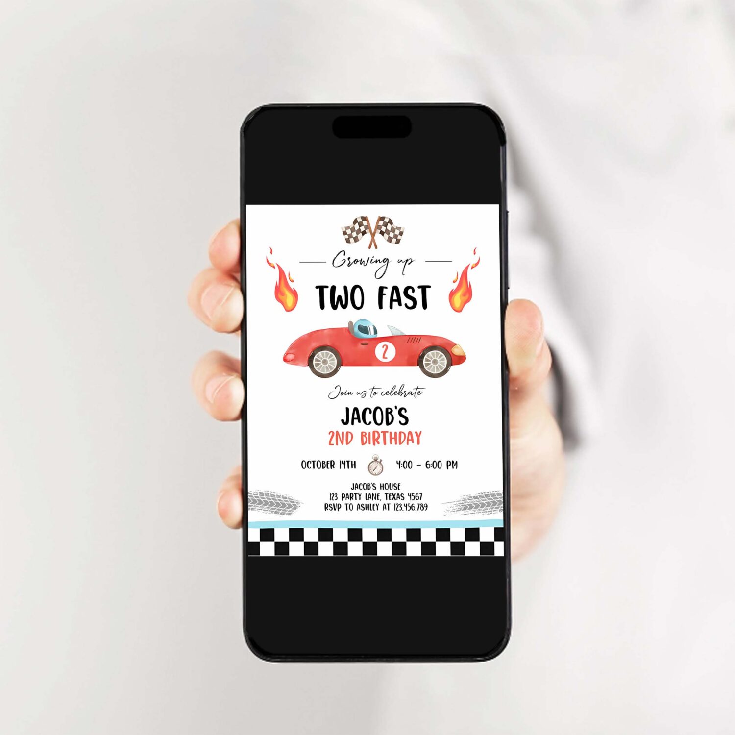 Editable racing car birthday invitation growing up two fast red invite second birthday 2nd boy download printable template digital corjl 0424 2