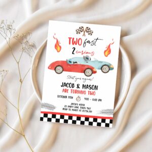 Editable racing car birthday invitation growing up two fast second birthday 2nd twin boys download printable template digital corjl 0424 1