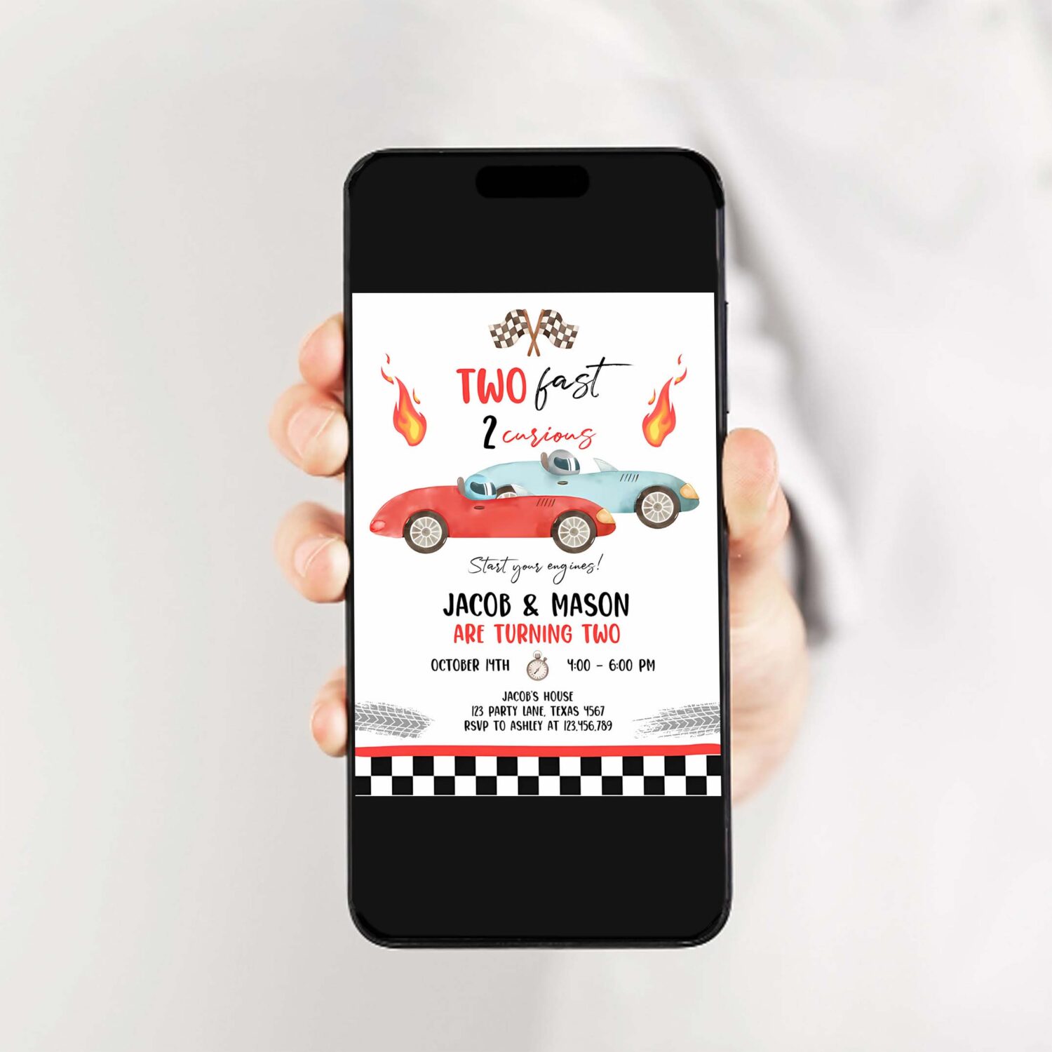 Editable racing car birthday invitation growing up two fast second birthday 2nd twin boys download printable template digital corjl 0424 2