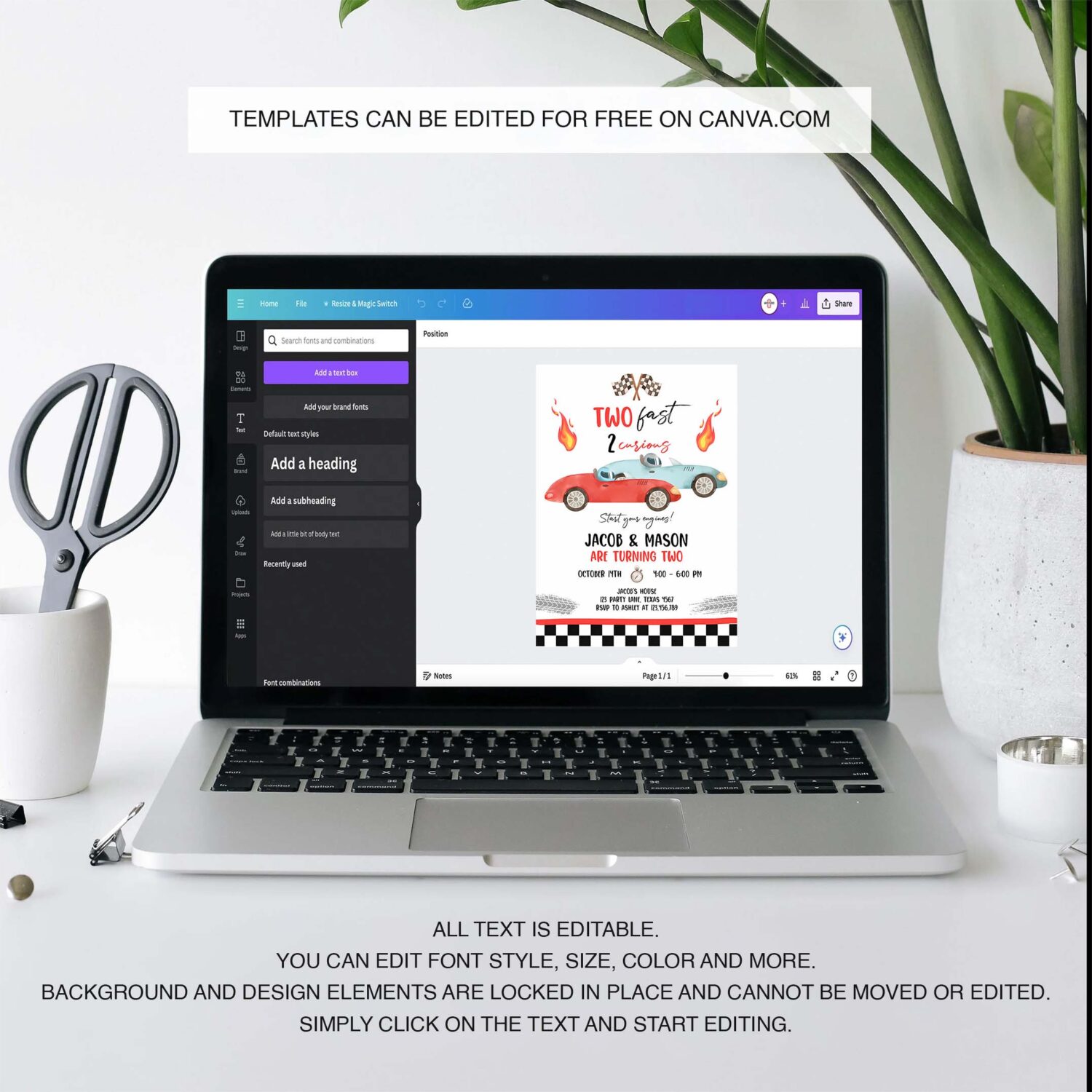 Editable racing car birthday invitation growing up two fast second birthday 2nd twin boys download printable template digital corjl 0424 3