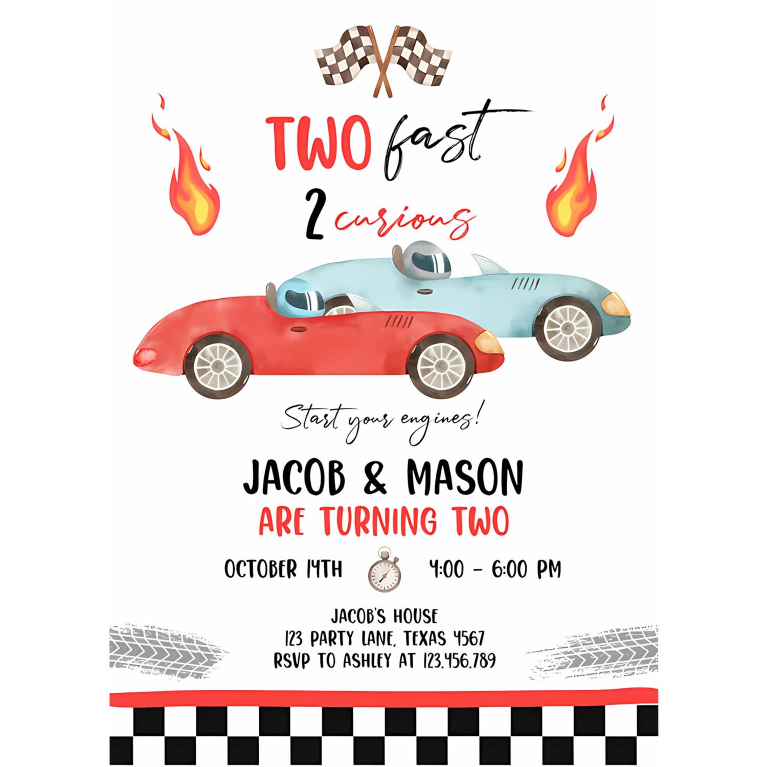 Editable racing car birthday invitation growing up two fast second birthday 2nd twin boys download printable template digital corjl 0424 4