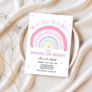 Editable rainbow birthday invitation pink rainbow party invitation pastel pink rainbow birthday modern rainbow party 1