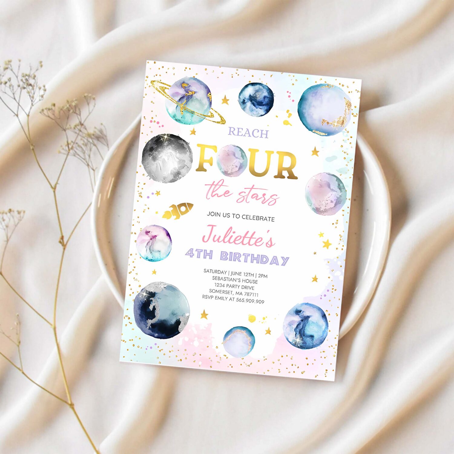 Editable reach four the stars space birthday invitation girl pink planets galaxy outer space birthday party 1