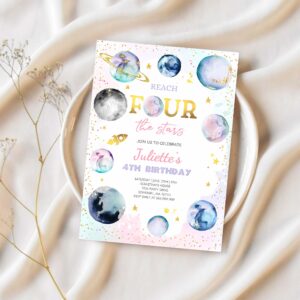 Editable reach four the stars space birthday invitation girl pink planets galaxy outer space birthday party 1