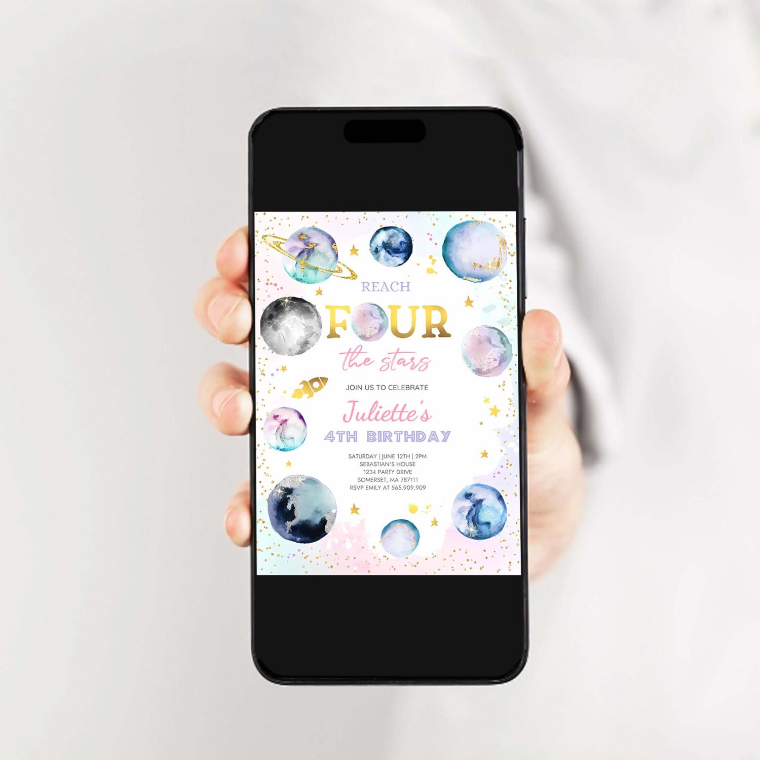 Editable reach four the stars space birthday invitation girl pink planets galaxy outer space birthday party 2