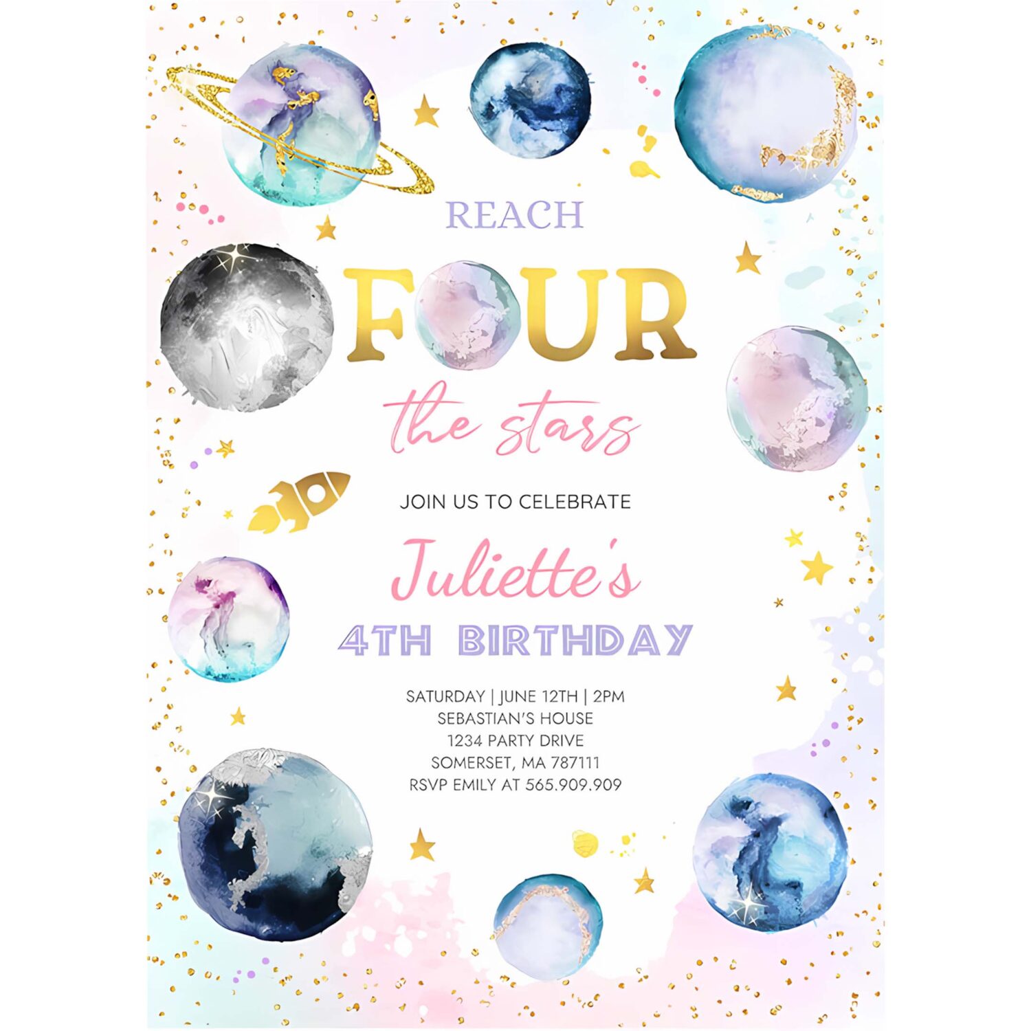 Editable reach four the stars space birthday invitation girl pink planets galaxy outer space birthday party 4
