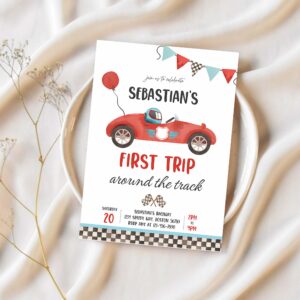 Editable red race car 1st birthday invitation first trip around the track boy vintage red race car 1st birthday party 1