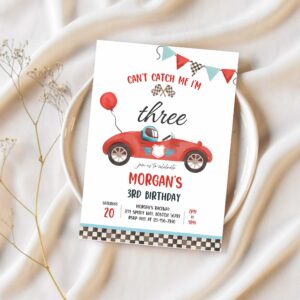 Editable red race car 3rd birthday invitation cant catch me im three race car 3rd birthday party 1