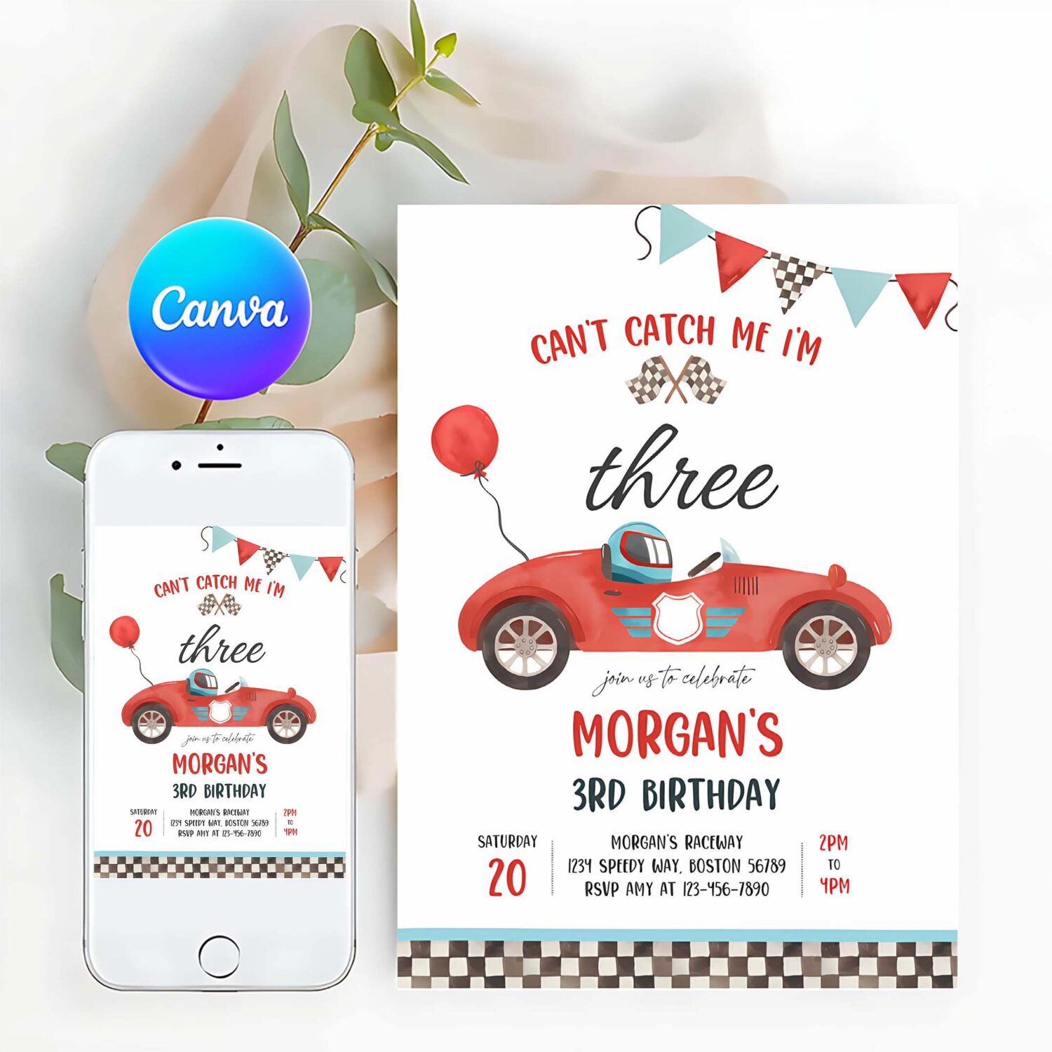 Editable red race car 3rd birthday invitation cant catch me im three race car 3rd birthday party