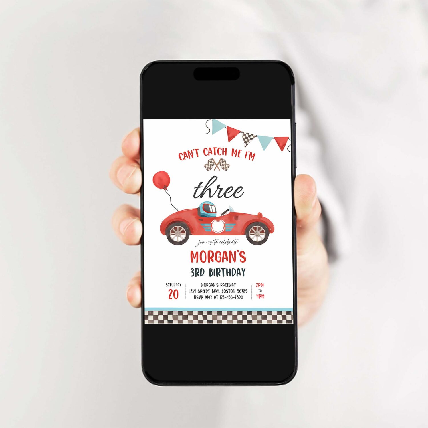 Editable red race car 3rd birthday invitation cant catch me im three race car 3rd birthday party 2