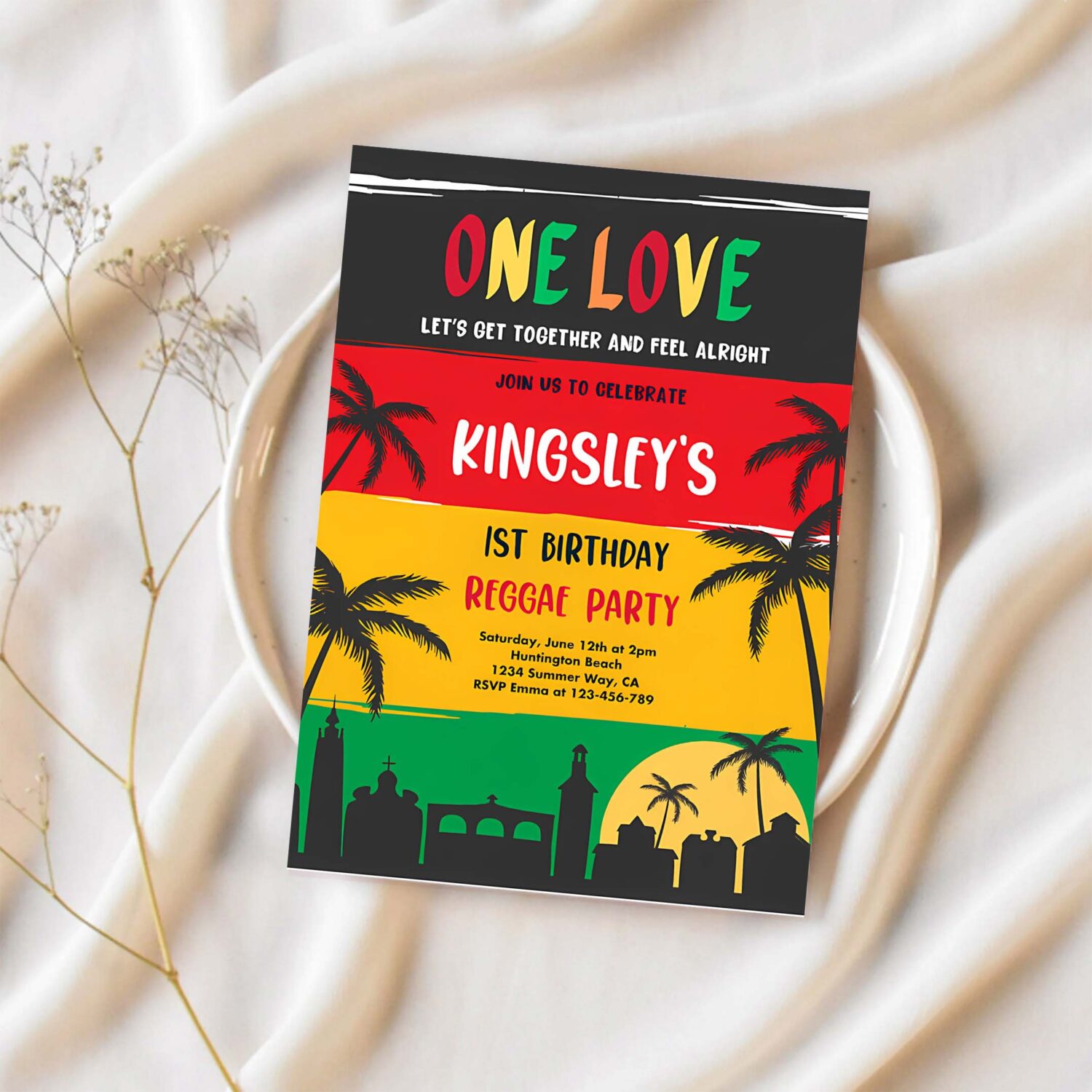 Editable reggae birthday party invitation reggae one love 1st birthday party jamaican theme reggae music birthday party 1