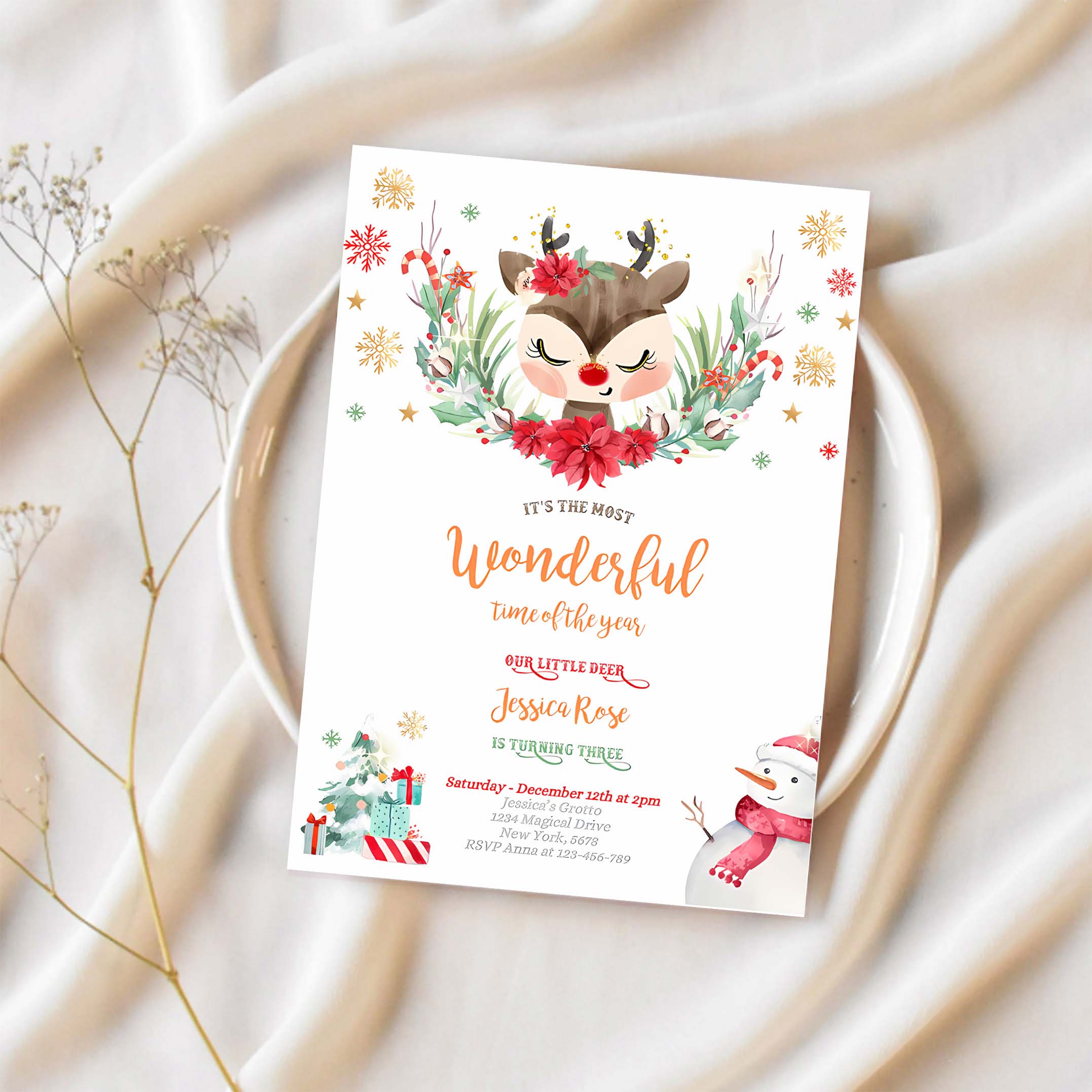 Editable Reindeer Birthday Invitation Girl Christmas Reindeer Birthday Invitation North Pole Christmas Party